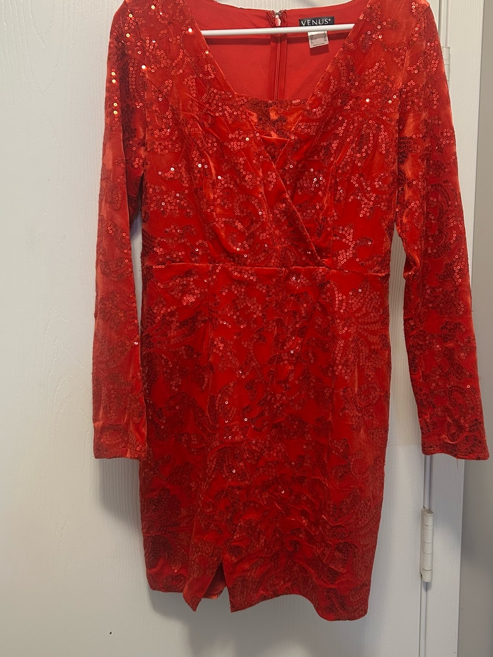 VENUS Red Sequin Long-Sleeve Wrap Cocktail Dress